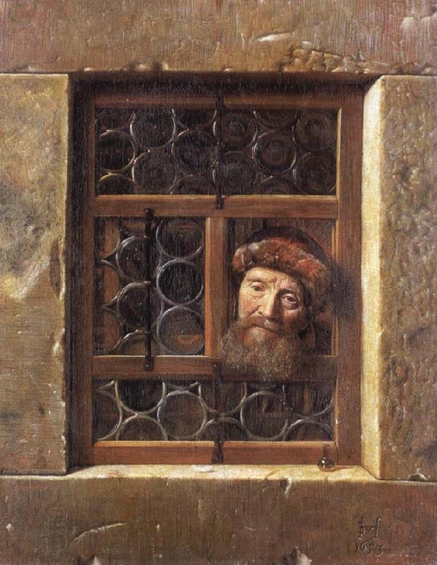 Samuel van hoogstraten Man Looking through a window oil painting picture